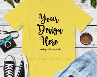 Download Fall Winter Yellow T Shirt Mock Up Unisex Women Bella Canvas 3001 Blank Shirt Display College Flat Lay Youth Teen Jersey Jeans Mockup Free Mockups Packaging Iphone Template