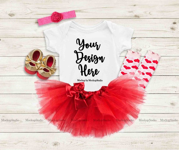 Baby Girl White Bodysuit Mockup Baby White Onepiece Red Baby Girl White Bodysuit Mockup Baby White Onepiece Red