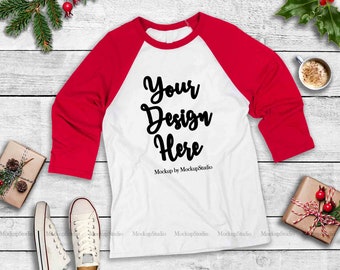 Download Free Red Christmas Raglan Mock Up, Winter Holiday Baseball Tee Flat Lay, Bella Canvas 3200 Blank Unisex Women Youth Mockup Display PSD Template