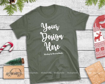 Christmas T Shirt Mock Up Gildan Military Green 64000 Tshirt Flat Lay Winter Blank Shirt Mockup Unisex Women Youth Tee Holiday Display Free Template Mockup Psd