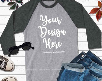 Download Fall Raglan Autumn Heather Grey Raglan Tee Mockup ...