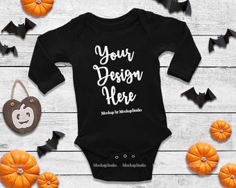 Download Free Halloween Newborn Black Blank Baby Long Sleeve Bodysuit Mockup, Toddler Fall Flat Lay Infant Shirt Mock Up, Baby Tee Mockup Onepiece Display PSD Template
