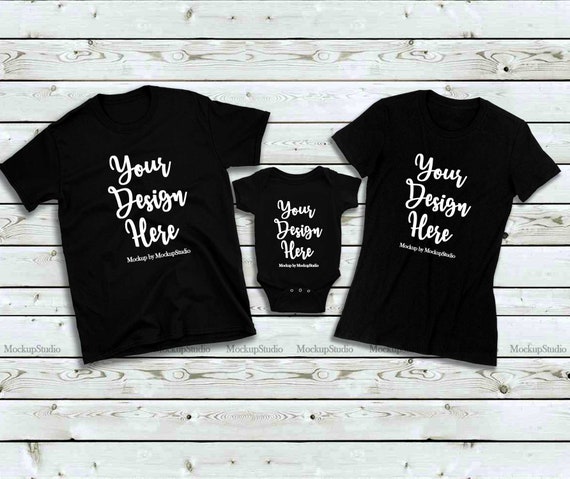 Download Free Matching Family 3 Black Shirts Mockup Unisex Women T Shirts Psd Best Free Psd Mockup T Shirt With Model Free Mockup