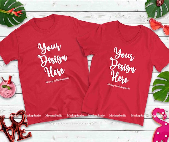 Download Free Matching Couple Two Red T Shirts Mockup Valentine Shirt Mock Psd New Download Design Mockup 3d Realistic For T Shirt Mockup Design 2020 PSD Mockup Templates