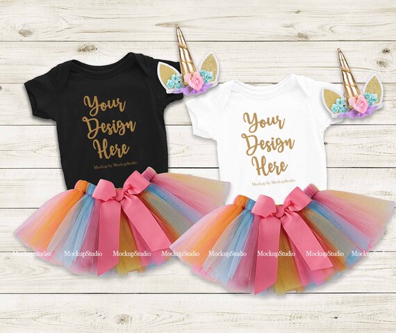Baby Girl Black White Bodysuit Mockup Unicorn Birthday Double
