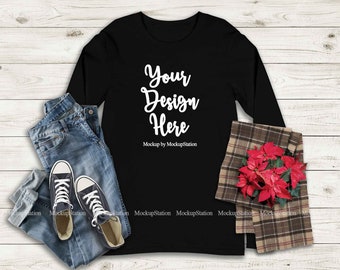 Black Christmas Longsleeve Shirt Mockup Unisex Women Youth Etsy