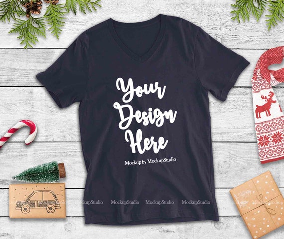 Christmas Navy Vneck Shirt Mockup Bella Canvas 3005 Winter