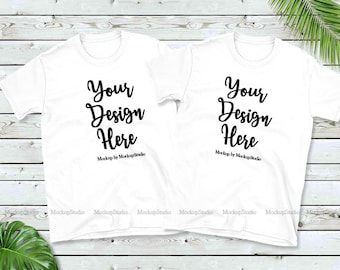 Download Double Two White T-Shirts Mockup, Gildan 64000 Group Tshirt Flat Lay, Mock Up Unisex Women Youth ...