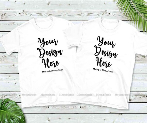 Double Two White T-Shirts Mockup Gildan 64000 Group T-Shirt