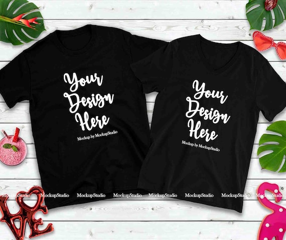 Download Free Free Matching Couple Two Black T Shirts Mockup Valentine Shirt PSD Mockup Template
