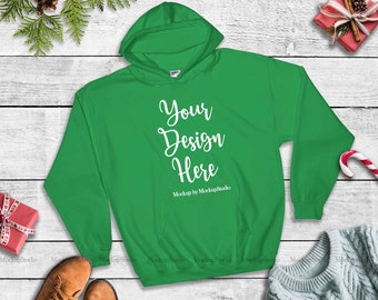 Download Free Irish Green Christmas Hoodie Mock Up Gildan 18500 Blank Hooded Sweatshirt Mockup Winter Holiday Unisex Women Men Youth Flat Lay Display Best Psd Freebies PSD Mockup Template