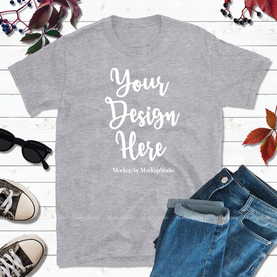 Download Free Fall Shirt Mock Up Gildan 64000 Grey T-Shirt Mockup ...