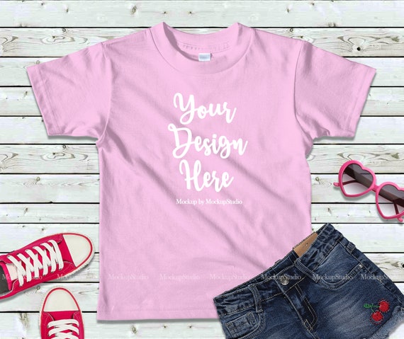 Kids Pink T-Shirt Mockup Blank Girls T-Shirt Flat Lay