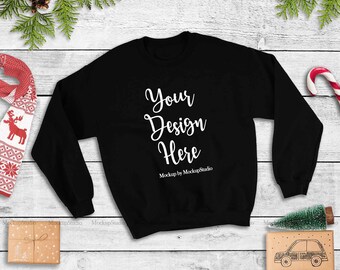 Download Black Christmas Sweatshirt Mockup, Unisex Women Youth Gildan Heavy Blend Crewneck Sweatshirt ...