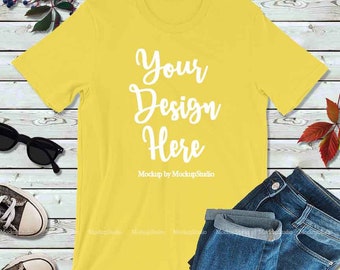 Download Fall Bella Canvas 3001 Yellow Unisex Women T-Shirt Mock Up ...