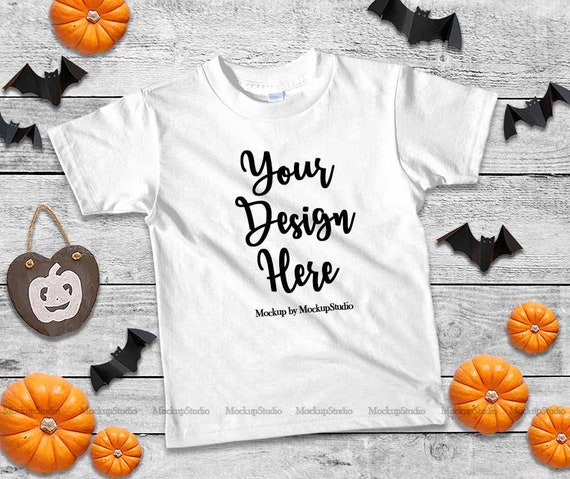 Halloween Kids White T-Shirt Mockup Fall T-Shirt Flat Lay