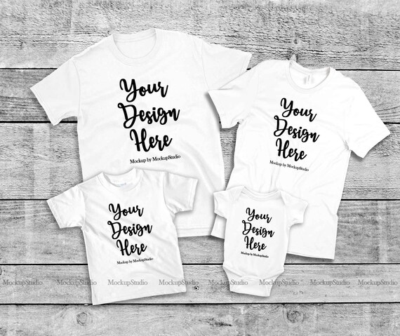Matching Family 4 White T-Shirts Mockup Unisex Women Kid Matching Family 4 White T-Shirts Mockup Unisex Women Kid