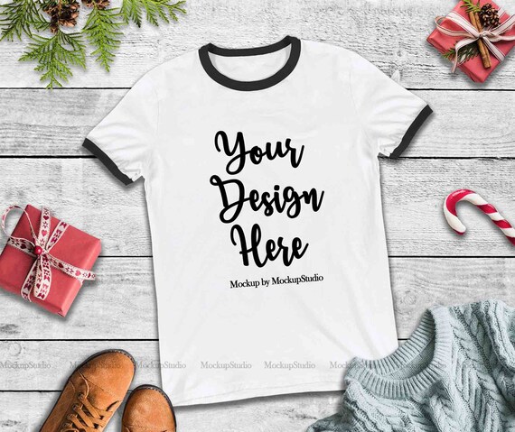 Download Free Unisex White Ringer Christmas Shirt Mockup Blank ...