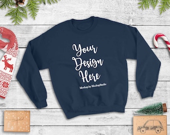 Download Free Navy Christmas Sweatshirt Mockup, Unisex Women Youth Gildan Heavy Blend Crewneck Sweatshirt 18000 Mock Up Flat Lay PSD Template