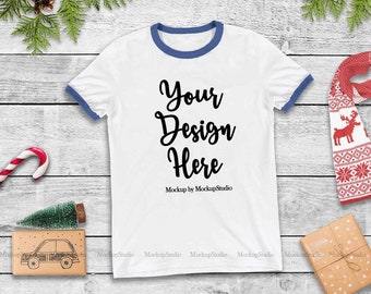 Christmas Ringer Shirt Mockup Blue Sleeve Bands T Shirt Flat Lay Blank Unisex Women Youth Ringer Tee Display Mock Up Free Logo 3d Mockups