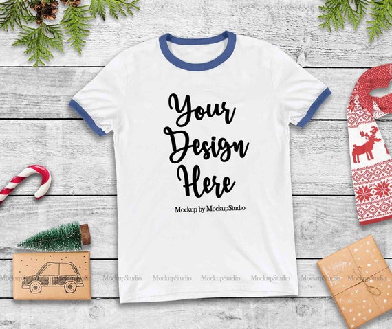 Download Free Christmas Ringer Shirt Mockup Blue Sleeve Bands T ...