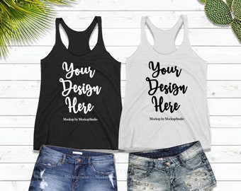 Download Free Two Tank Top Mockups Black Heather White , Double Color Next Level 6733 Women Blank Tank Mockup, Digital Shirt Mock Up, Tank Top Flat Lay PSD Template