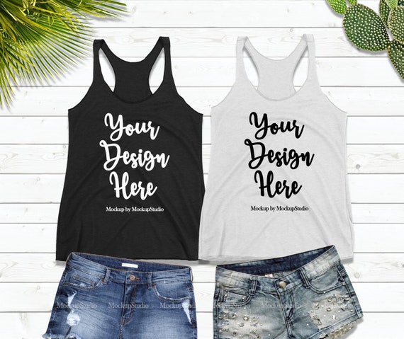 Two Tank Top Mockups Black Heather White  Double