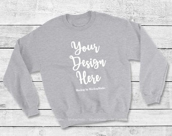 Download Sports Gray Sweatshirt Mockup, Gildan Heavy Blend Crewneck Sweatshirt 18000 Mock Up Wood ...