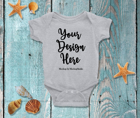 Gray Blank Baby Bodysuit Mockup Newborn Beach Baby Flat