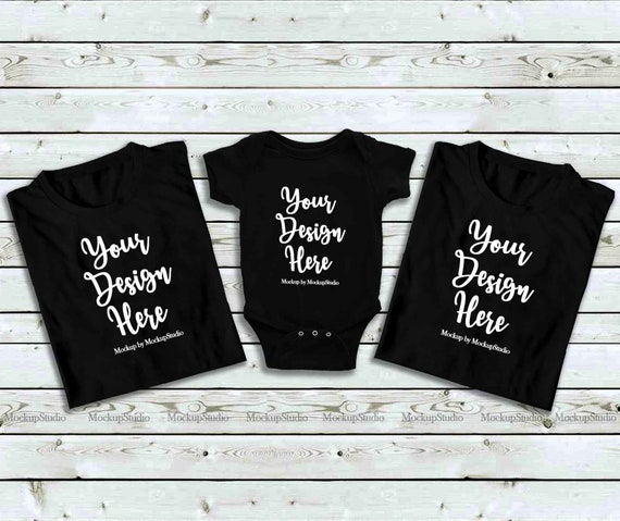 Download Free Matching Family Folded Black Shirts Mockup Unisex ...