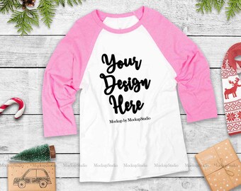 Download Free Christmas Pink Raglan Mock Up, Bella Canvas 3200 Winter Holiday Baseball Tee Blank Unisex Women Youth Mockup Display Flat Lay PSD Template