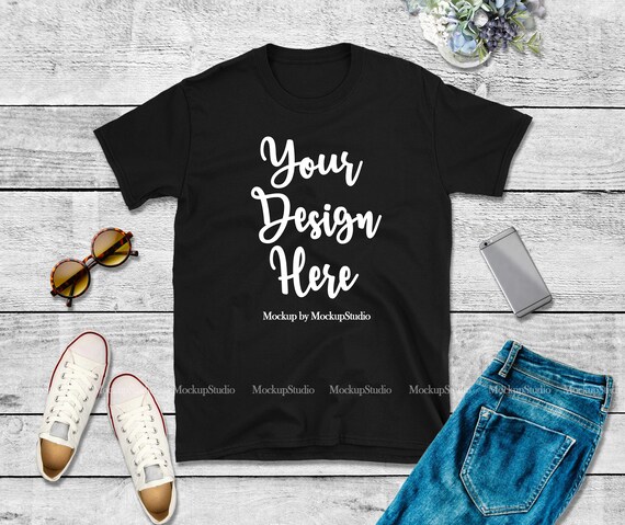 Download Free Black T-Shirt Mockup Gildan 64000 Blank T-Shirt Flat ...