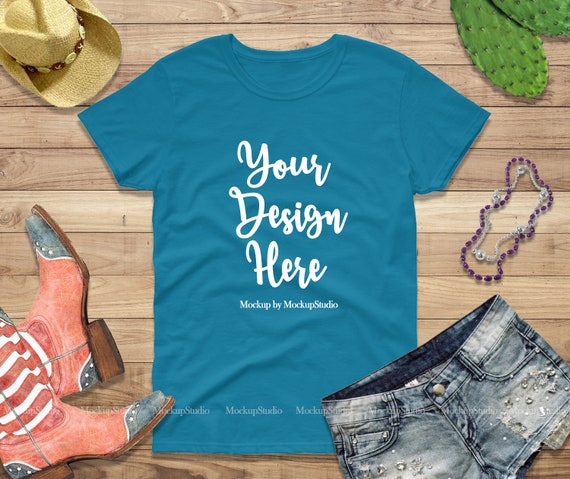 Blue Gildan 5000 T-T-Shirt PSD Mockup Template Flat Lay Southern