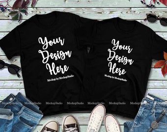 Download Couple Two Black T-Shirts Mockup, Gildan 64000 Fall Tshirt ...