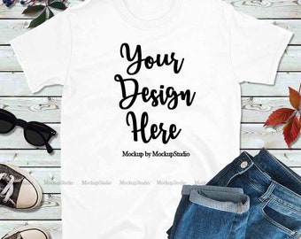 Download Fall Shirt Mock Up Gildan 64000 White Tshirt Mockup Styled Autumn T Shirt Flat Lay Unisex Women Teen Shirt Mockup Flat Lay Men Apparel Packaging Mockups PSD Mockup Templates