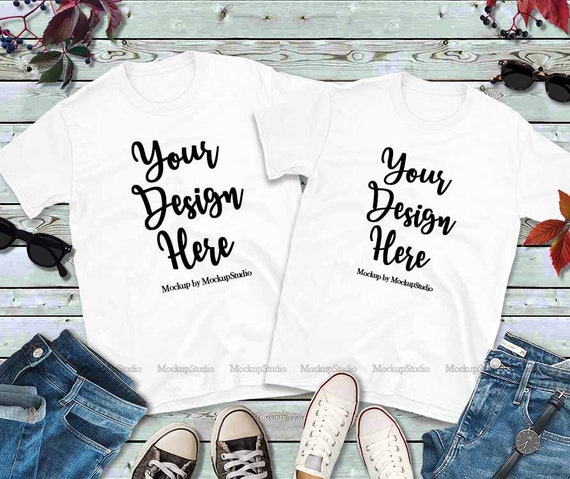 Download Couple Two White T-Shirts Mockup Gildan 64000 Fall T-Shirt ...