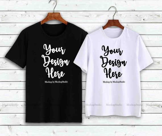 Download Couple T Shirts Mockup Matching Couples Shirts On Hangers Mock A4 Landscape Mockup Psd Free Download PSD Mockup Templates