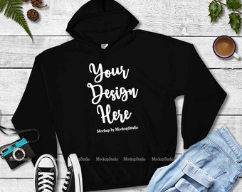 Download Black Hoodie Mock Up, Fall Gildan 18500 Heavy Blend Blank Hooded Sweatshirt Mockup, Autumn ...