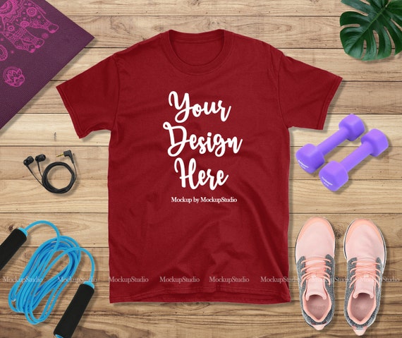 Gym T-Shirt Mockup Red Gildan 64000 Blank T-Shirt Flat