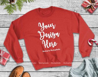 Download Free Christmas Red Sweatshirt Mockup, Gildan Heavy Blend Crewneck Sweatshirt 18000 Mock Up, Unisex Women Youth Winter Holiday Flat Lay Display PSD Template