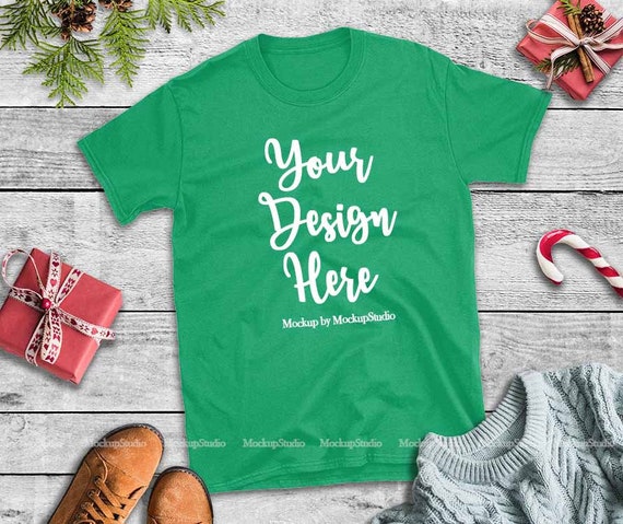 Download Free Christmas Green T Shirt Mockup Gildan 64000 T Shirt Flat Lay Free 345 3d Logo Mockups PSD Mockup Template