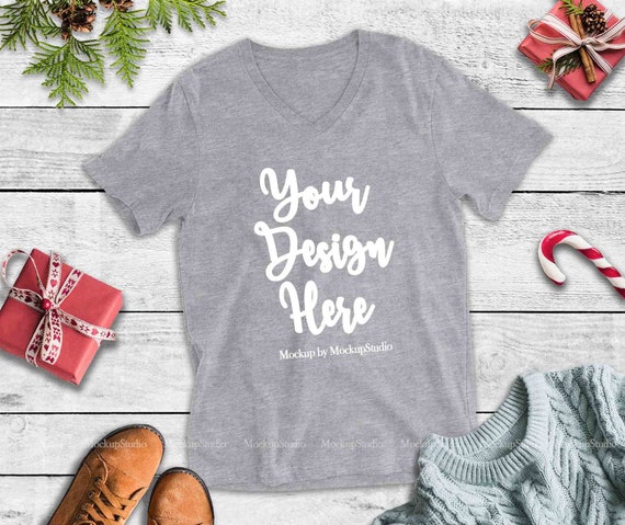 Download Free Athletic Heather Christmas Vneck T Shirt Mockup Bella Canvas 3005 Psd