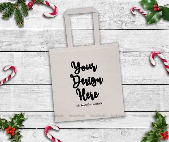 Download Free Christmas Beige Tote Bag Mockup Winter White Canvas ...