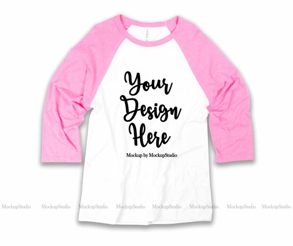 Pink Bc 3200 Raglan Mockup Blank Baseball Shirt Flat