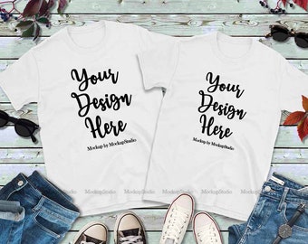Download Couple Two White T-Shirts Mockup, Gildan 64000 Fall Tshirt ...