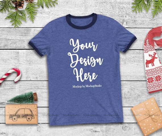 Download Christmas Heather Blue Navy Ringer T-Shirt Mock Up Winter ...