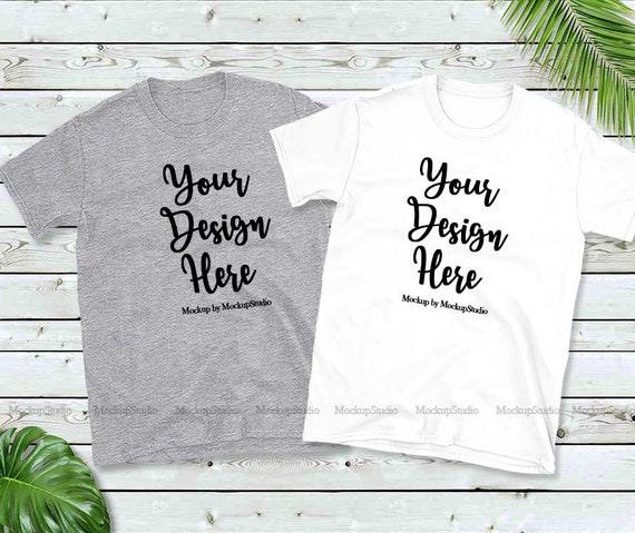 Download Double Two Gray White T-Shirts Mockup Gildan 64000 Group ...