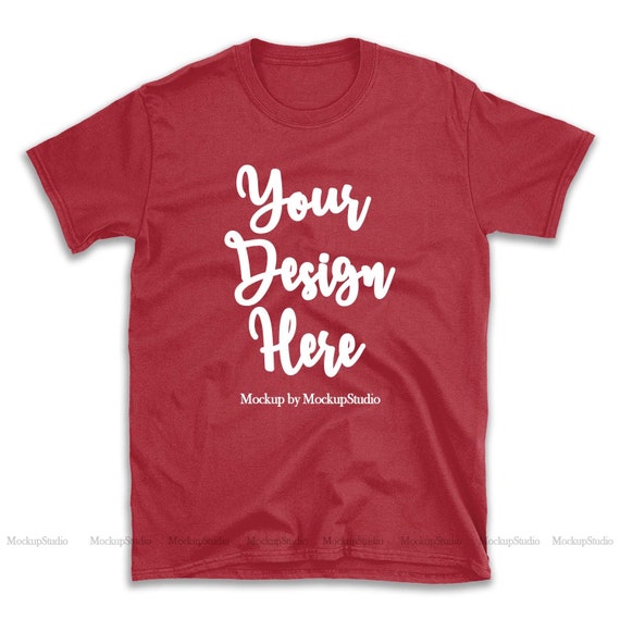 Red Gildan 64000 T-Shirt Mockup Flat Lay On Red Gildan 64000 T-Shirt Mockup Flat Lay On