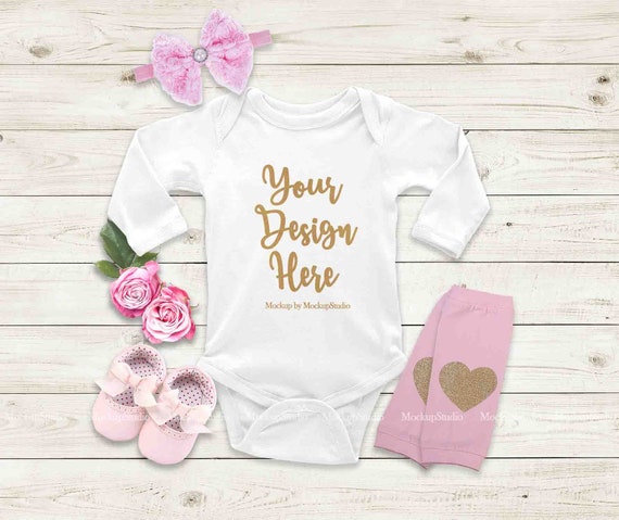 Baby Girl White Longsleeve Bodysuit Mockup Newborn Toddler Flat