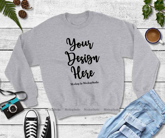 Fall Heather Grey SweaT-Shirt Mockup Gildan Heavy Blend Crewneck